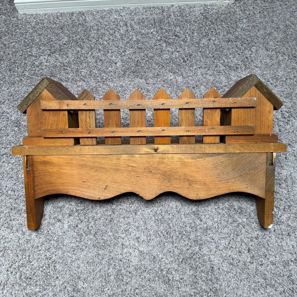 Vintage Wooden Wall Shelf Pegs Birdhouse Picket Fence Brown Cottage Rustic Farm